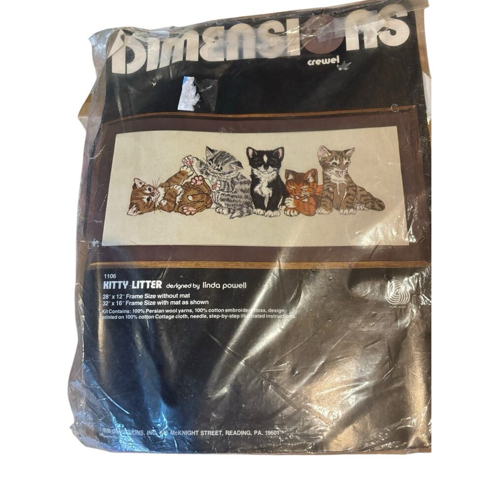 Vintage 1978 Dimensions Crewel Needlepoint "Kitty Litter" Sealed